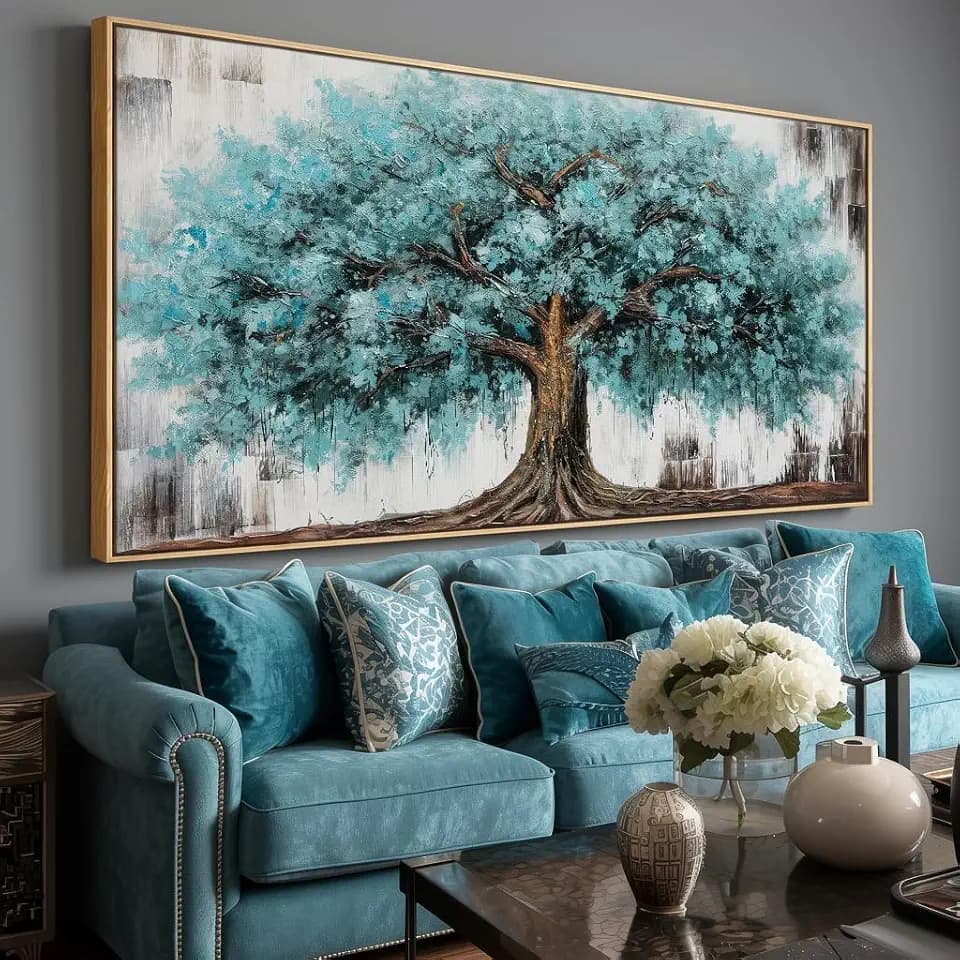 Wall Art Tree of Life Abstract Modern Artwork Blue Teal Tree Canvas Painting for Bedroom Living Room Office Large Decor 60X30in with Framed