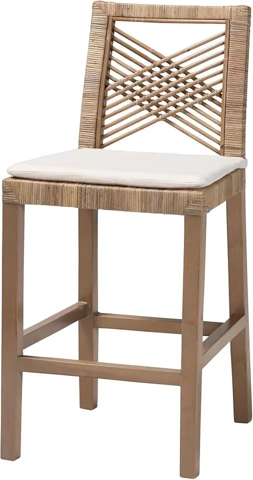 bali & pari Poltak Modern Bohemian Grey Natural Kubu Rattan and Mahogany Wood Counter Stool