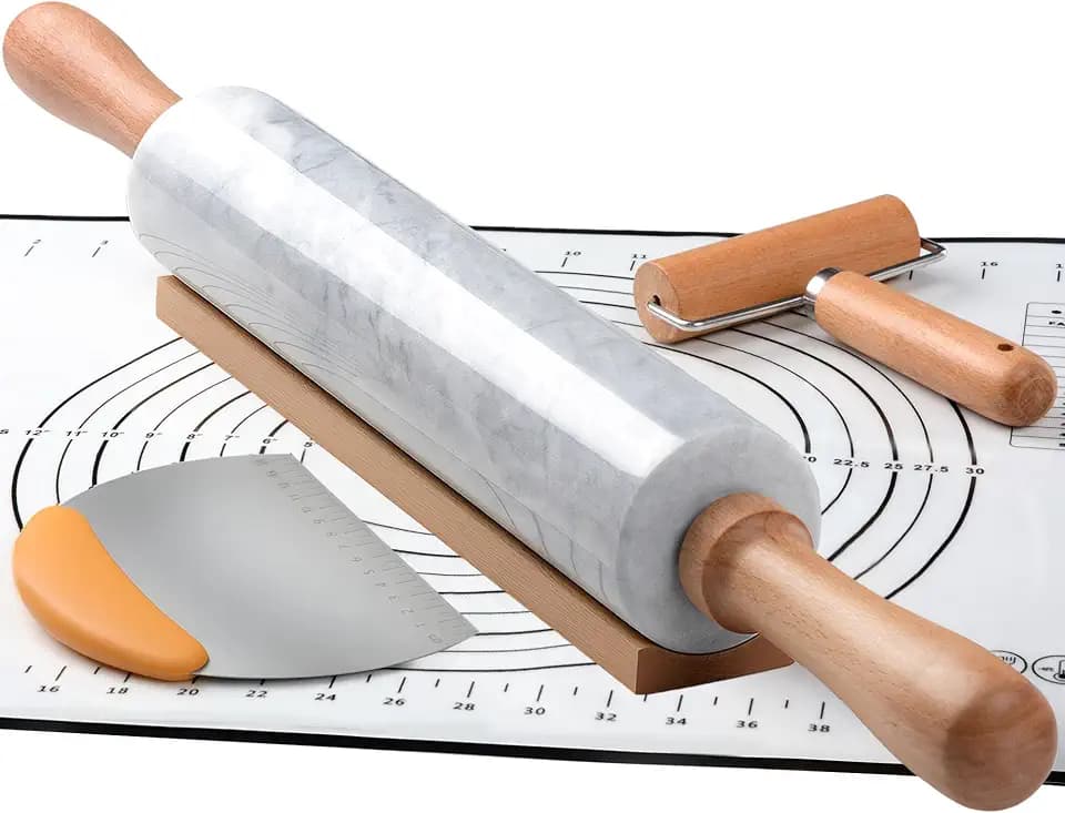 18.5 inches Marble Rolling Pin,Large Non-Stick Dough Roller,for making pizza, cookies,pie crusts, and pasta.with Silicone Pastry Mat,Stainless Steel Scraper,and Small Wooden Roller Pin(White)