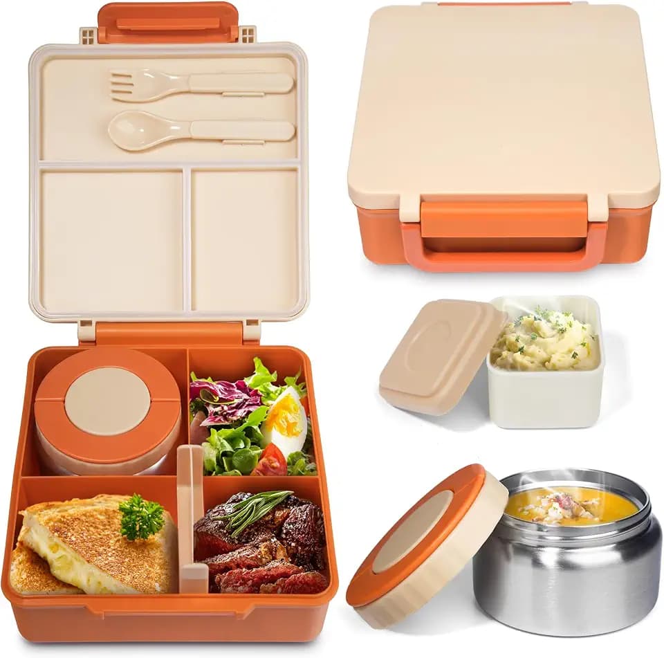 SOHIDA Bento Box with 10oz Soup Thermo: Gift for Kids, Kids Leakproof Lunch Box with 3 Compartments, School Supplies for Girl Boy Back to School,Orange