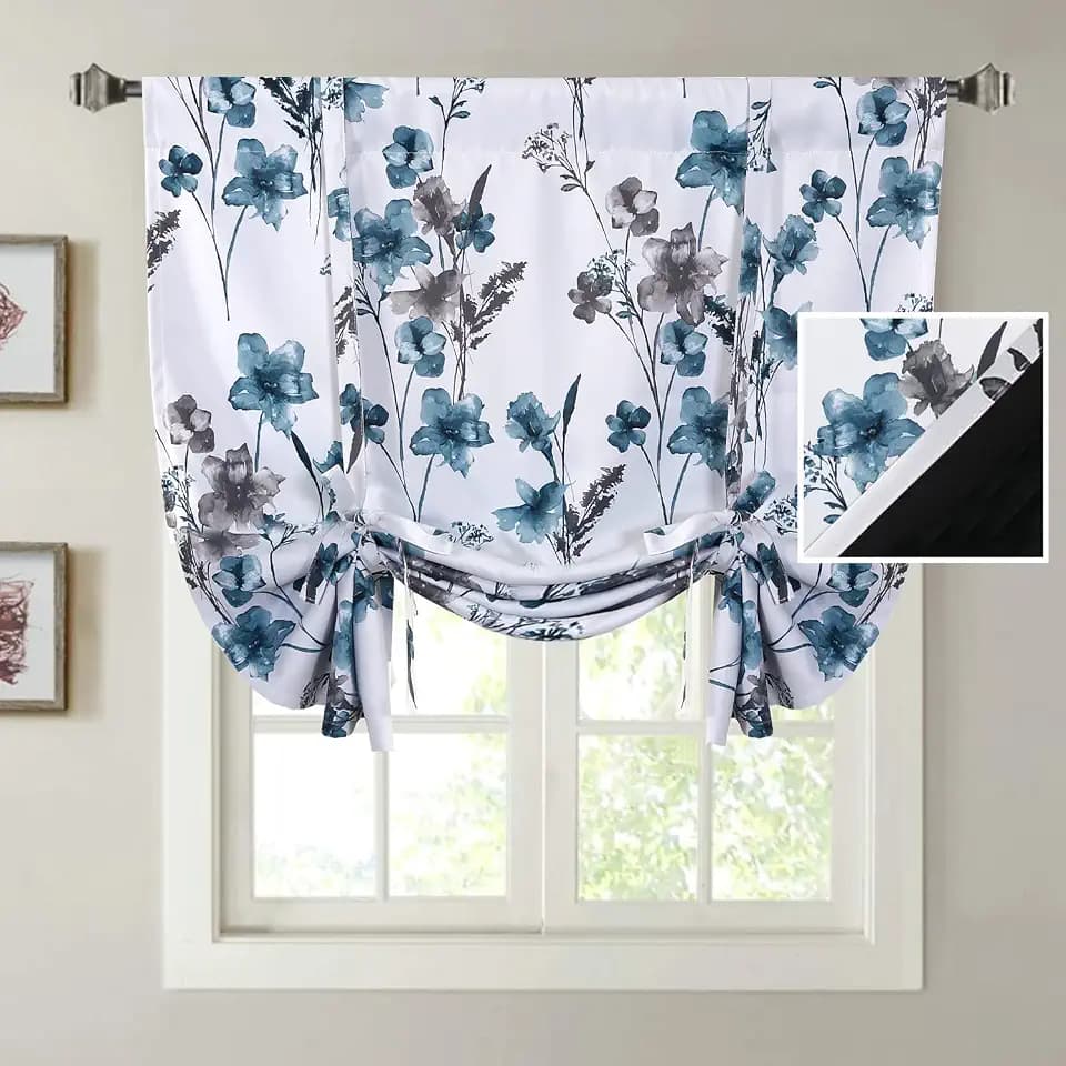 H.VERSAILTEX 100% Blackout Tie Up Curtains Cattleya Floral Printed Rod Pocket Panel for Small Window with Black Liner- 42" Wide by 63" Long - Floral Pattern in Grey and Blue