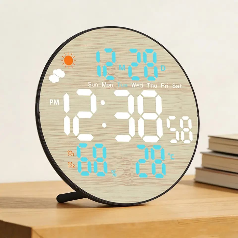JUSTUP Wooden Alarm Clock, 10in Round Silent LED Digital Clock with Bracket