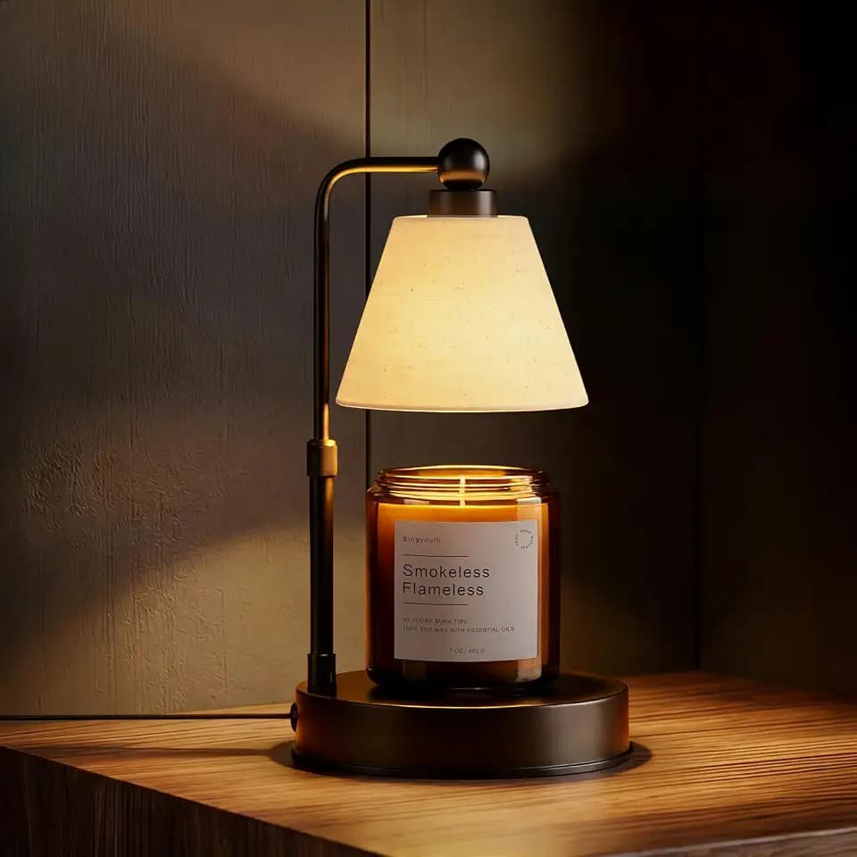 Candle Warmer Lamp with Timer, Dimmable, Adjustable Height, Modern Farmhouse Linen Shade, Black Candle Warming Lamp for Up to 6-Inch Jar Candles, 2 Bulbs Included