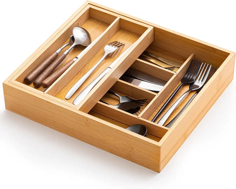Double Bamboo Kitchen Drawer Organizer, Removable, Deep