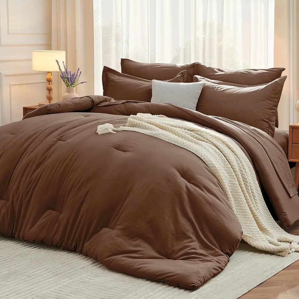 MUXHOMO Queen Comforter Set 7 Pieces, Soft Bed in a Bag, Brown