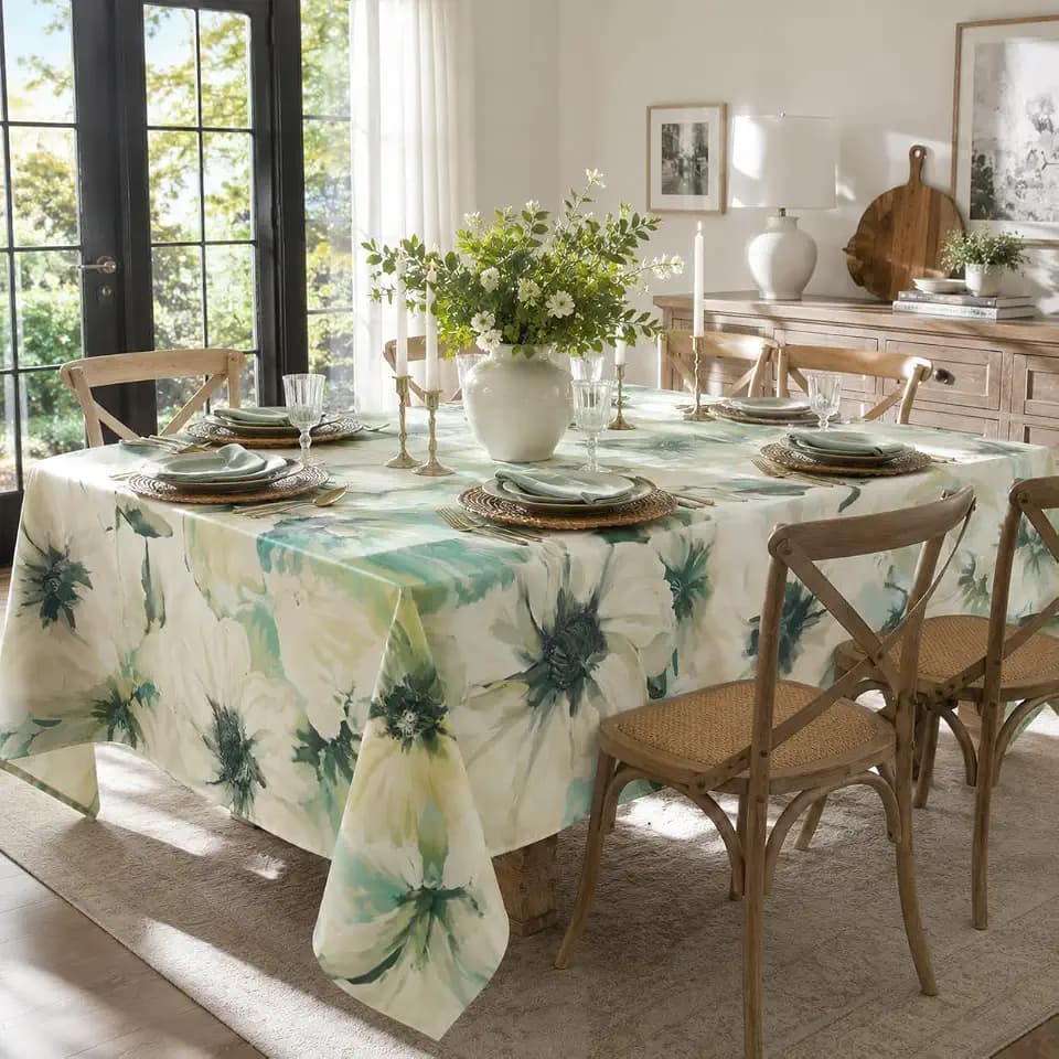 White Tablecloth with Poppy Flora Print, 60x120 Inch, Poppies Table Cloth, Waterproof Poppy Flower Wild Flower Oblong Cloth Tablecloth - Summer Floral Table Cover Easy to Care Fabric