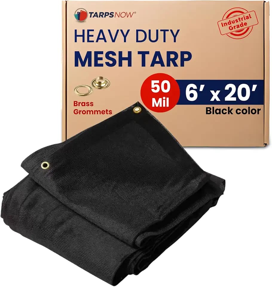 Tarps Now 6' x 20' Heavy Duty Mesh Tarp with 75% Shade and Brass Grommets - Multipurpose Protective Cover Tarpaulin with Air Flow for Tie Downs, Shade, Fences, Canopies, Dump Trucks - Black