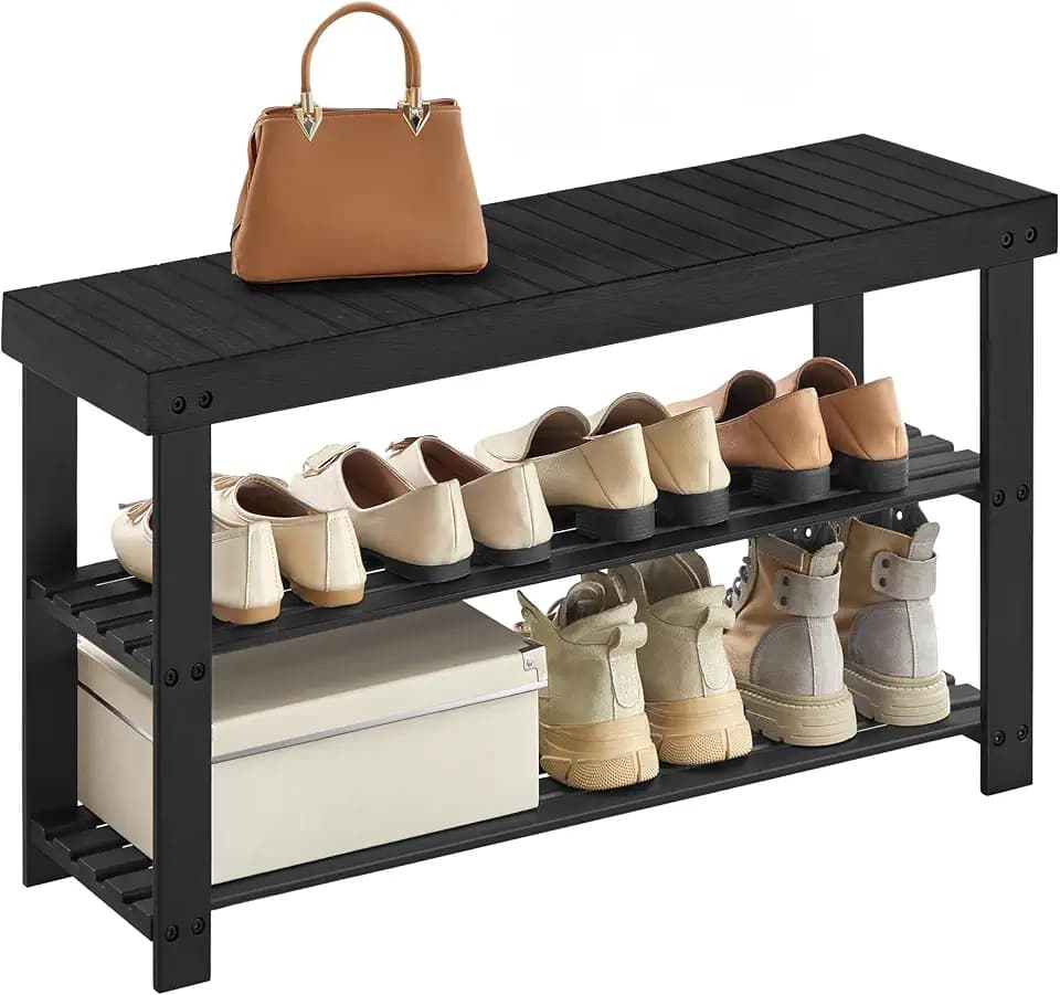 SONGMICS Shoe Rack Bench, 3-Tier Bamboo Entryway Bench, 35.2 Inches Width