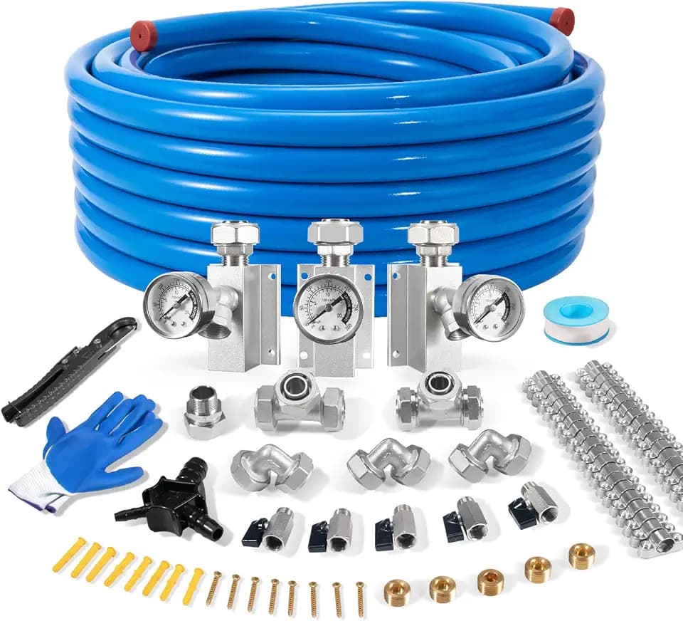 3/4" × 100ft Pressure Gauge Shop Air Line Kit, HDPE-Aluminum Compressed Air Line kit for Garage with Tee & Elbow Fittings, Rapid Air System for Air Compressor, Leak-Proof & Easy Installation