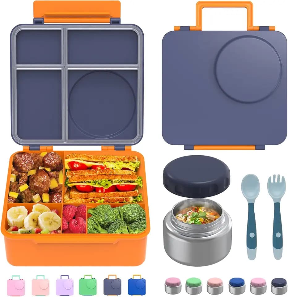 Bento Box for Kids - Leak-Proof Bento Lunch Box with Insulated Thermo Food Jar - 4 Compartments, 1 Removable Divider, 1 Spoon, 1 Fork - Dishwasher Safe, BPA-Free (Navy blue)