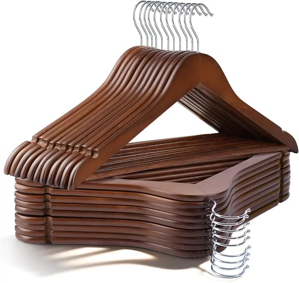 Wooden Hangers 30 Pack,Heavy Duty Solid Wooden Clothes Hangers with Pant Bar,360-Degree Rotatable Hook,Durable & Slim Wood Hangers for Coats,Jackets,Dress,Pants(Walnut)
