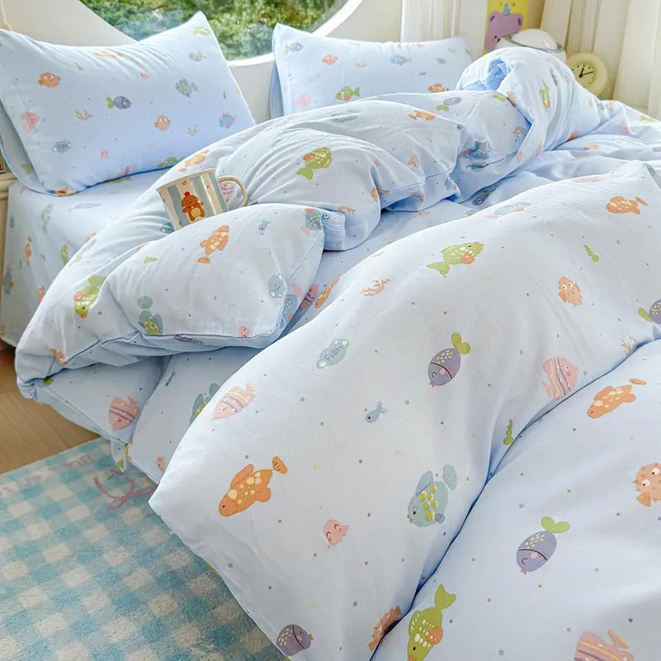 HighBuy Kids Boys Duvet Cover Set Twin XL,Linen Cotton Muslin Soft Breathable Cute Fish Duvet Cover with 2 Pillowcases for College Teen,Blue Cartoon Bedding Comforter Cover with Zipper Ties