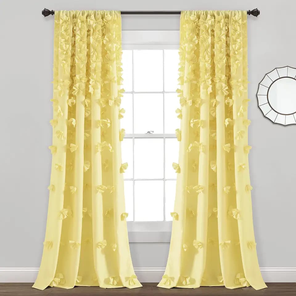 Lush Decor Riley Light Filtering Window Curtain Panel, Single 54" W x 84" L, Yellow - Cute Yellow Curtains for Bedroom - Bow Decor - Coquette Curtains for Windows