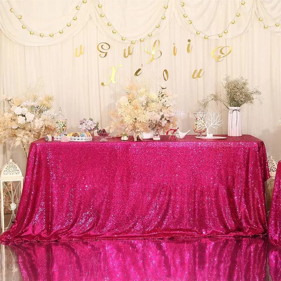Eternal Beauty Hot Pink Tablecloth, 90x132 Inch Sequin Rectangle Table Cover for Valentines Cake Dessert Exhibition Party Birthday Events