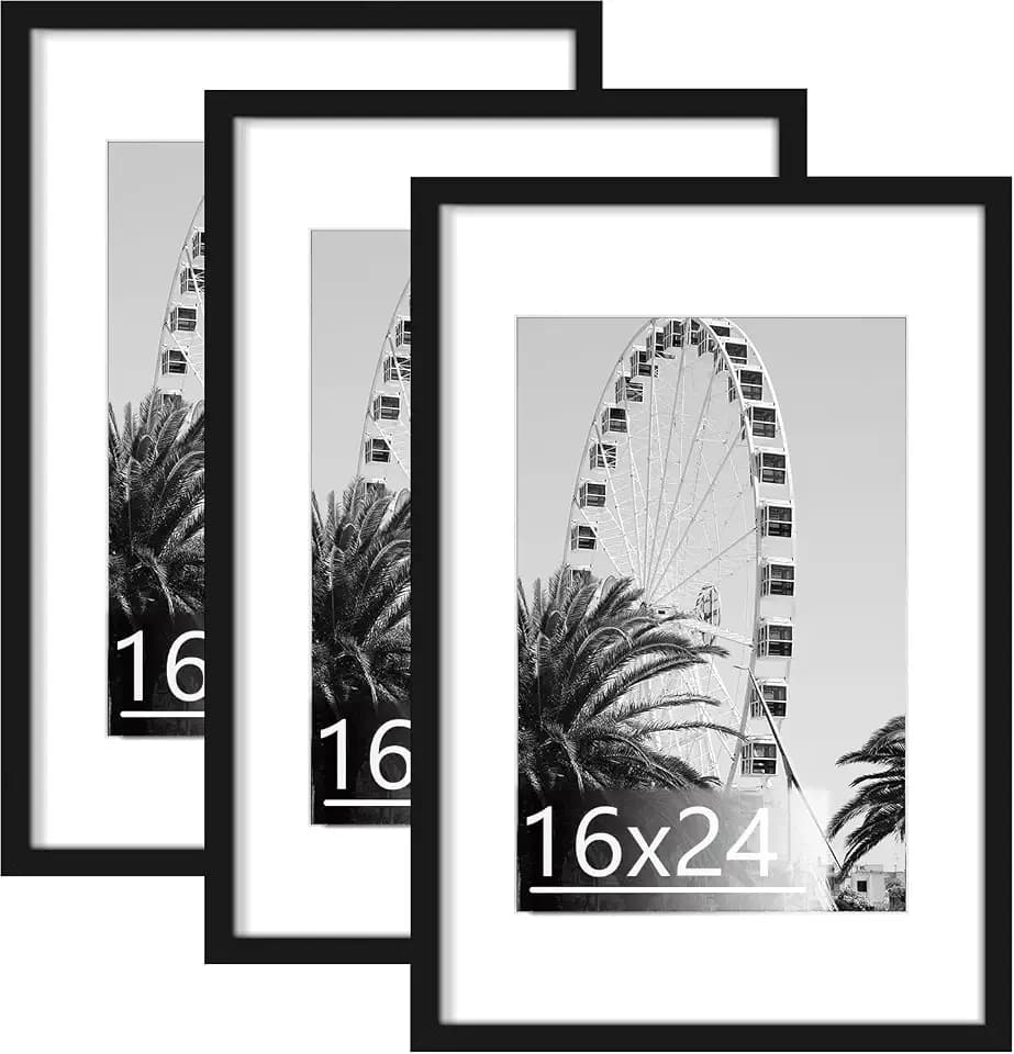 Abtgt 16x24 Picture Frame with 12x18 Mat for Wall Art, 3 Pack Black
