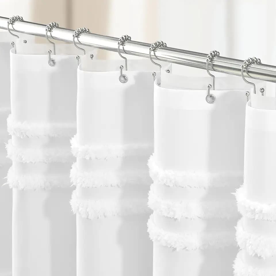 Dynamene Long Shower Curtain and Liner Set - 78 inch Tall Boho Farmhouse Fabric Tufted Chenille Striped, Waterproof Clear Liner, Shabby Chic Shower Curtains for Bathroom, 12 Hooks, 72x78, White