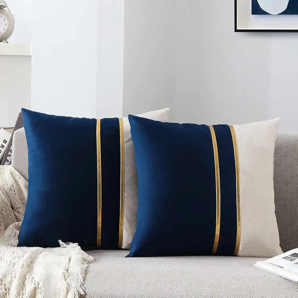 WACOMECO Velvet Throw Pillow Covers - Pack of 2 Soft Decorative Cushion Covers Cases with Gold Leather for Sofa Bedroom Livingroom Car, 16 x 16 in, Navy and White