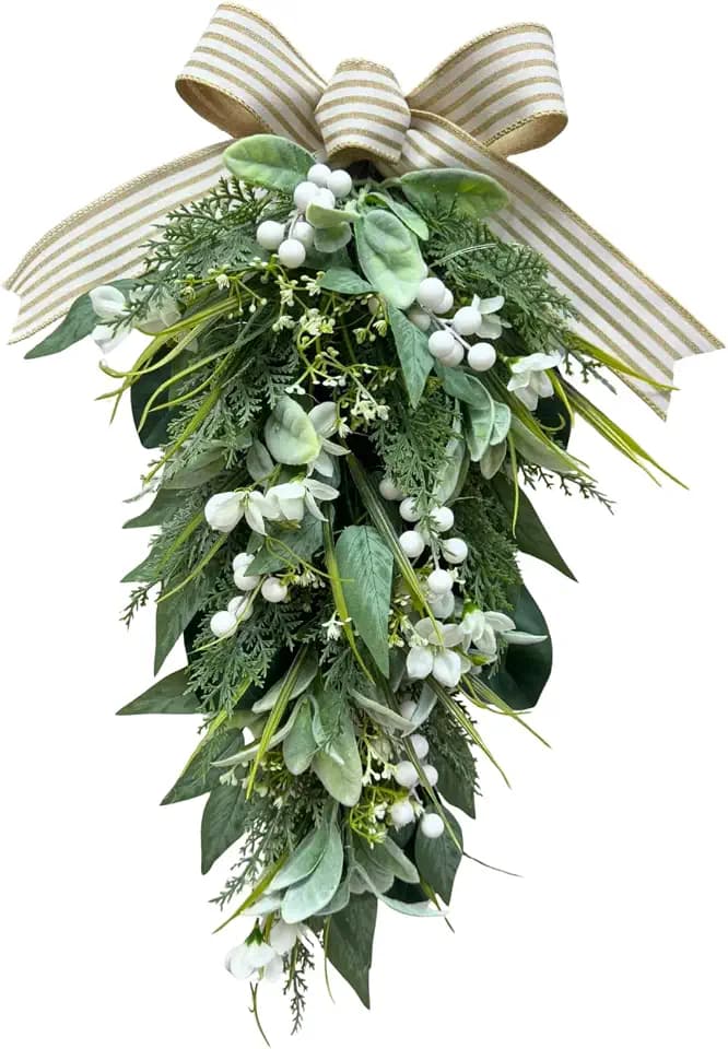 Svndlyn 25 Inch Lighted Farmhouse Teardrop Swag with White Berries and Bow