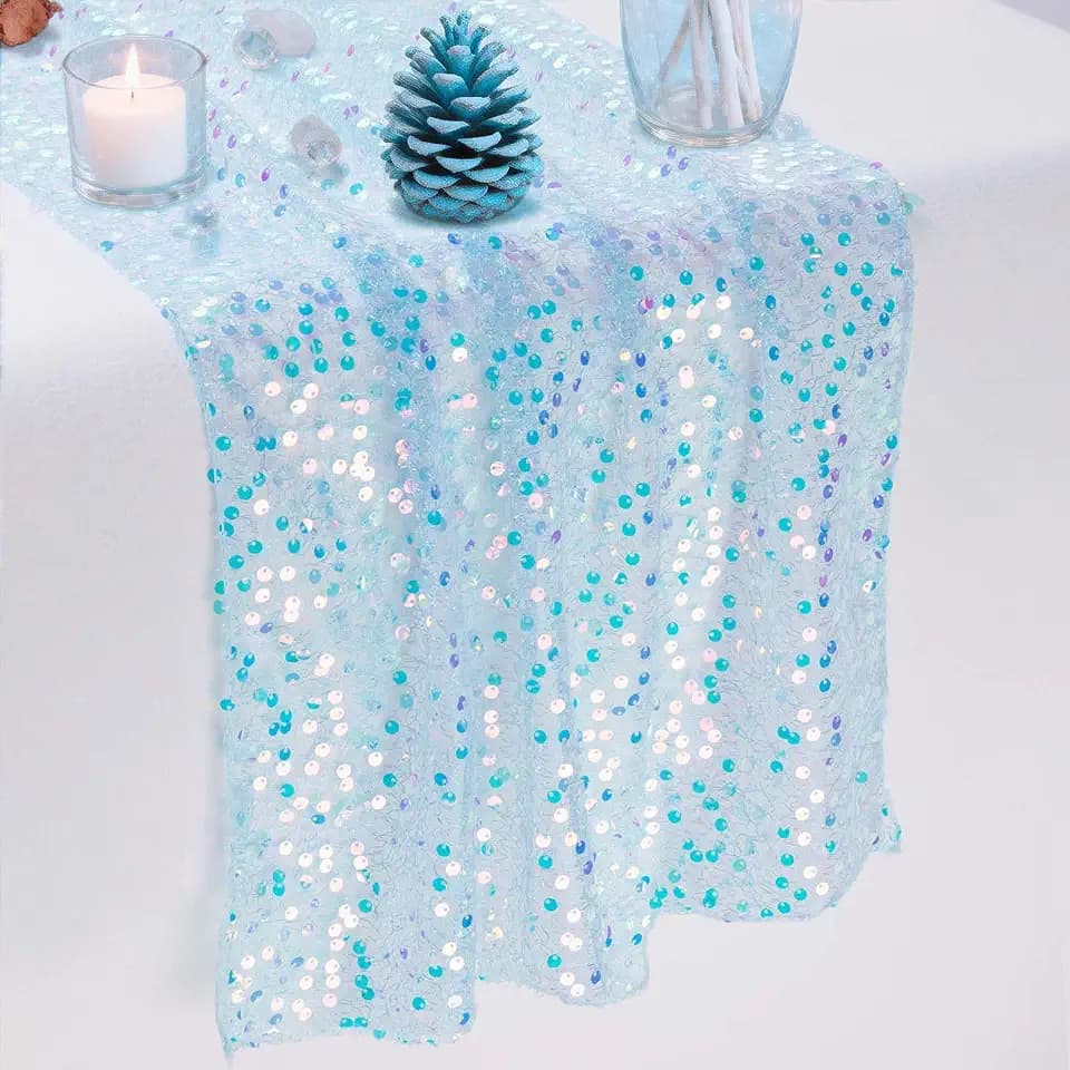 Light Baby Blue Sequin Table Runner 120 Inch B-Day Table Decor