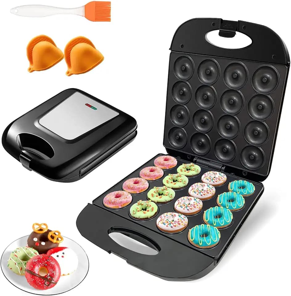 2026 Mini Donut Maker Machine for Home, 16-Hole Electric Doughnut and Pancake Maker with Non-Stick Surface, Ideal for Homemade Doughnuts (Black with Mini Oven Gloves & Brush)
