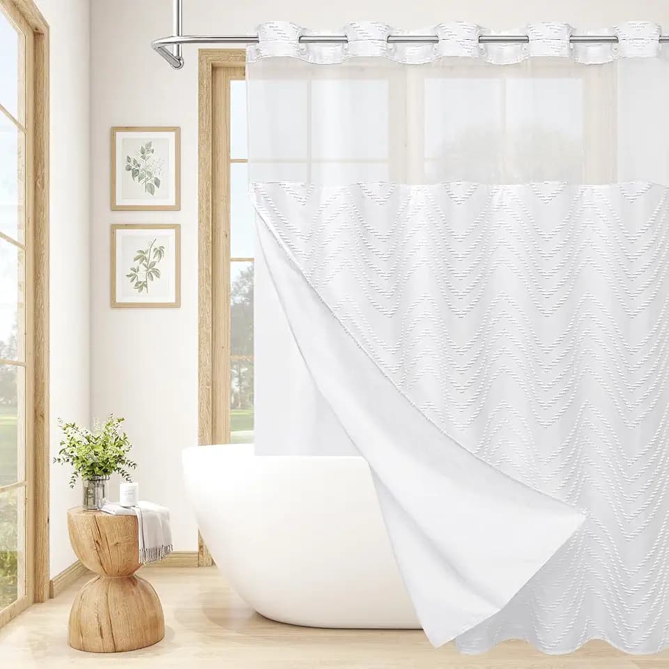 No Hooks Boho White Shower Curtain Set with Snap-in Liner, Farmhouse Woven Fabric Tufted Chevron Striped Textured Shower Curtain, Modern Style with See Through Window 72 x 74
