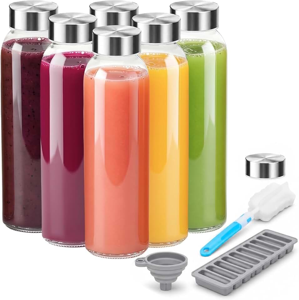 Zukro 18 oz Clear Glass Juice Bottles with Stainless Steel Lids Leak Proof