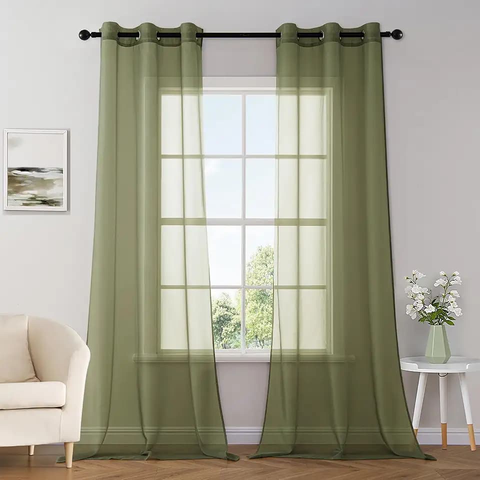 MIULEE Solid Color Sheer Curtains 96 Inches Long 2 Panels Set - Elegant Lightweight Grommet Light Filtering Window Voile Panels/Drapes/Treatment for Bedroom Living Room W42 x L96 Inch, Olive Green