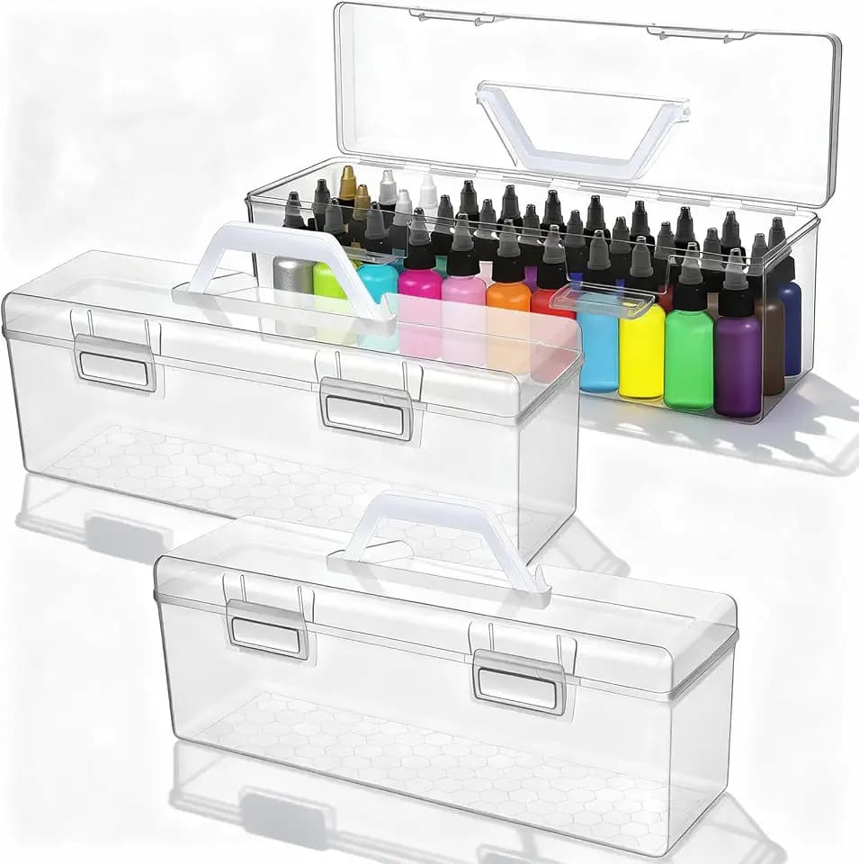 3 Pcs Clear Paint Storage Box with Handle 30 Bottles Capacity Portable Paint Organizer for 2 Fl. Oz Acrylic Paints Plastic Art Supply Container for Crafts, Brushes, Markers