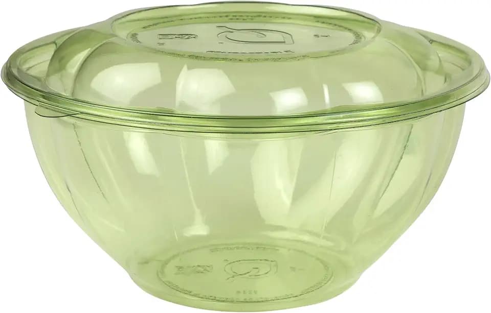 Vegware Compostable Clear Green 32oz Plastic Salad Bowls and Lids, Case of 150, Round Petal Shaped, Renewable Plant-Based PLA, Lids Included, Disposable, Cold Grain Bowls or Fruit Containers