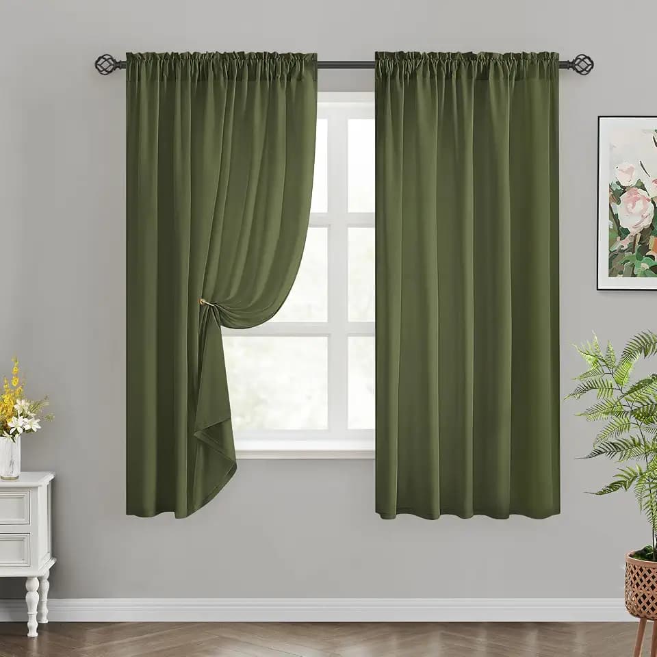 HOMEIDEAS Non-See-Through Olive Green Privacy Sheer Curtains, W52 X L63