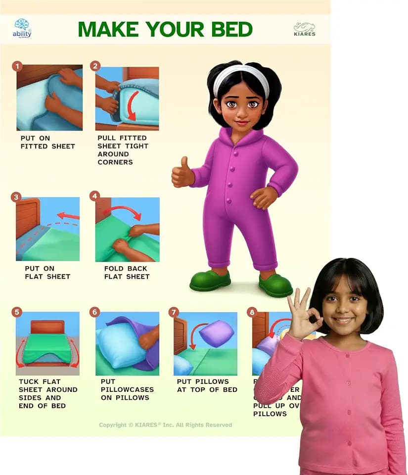 Make Your Bed Routine for Toddlers - 12.5 x 16.5 Inches – Self-Adhesive Visual Aid Poster for Kids with Autism & ADHD – 16 Ethnic Options – OT Designed - Made in USA (South Asian Girl)
