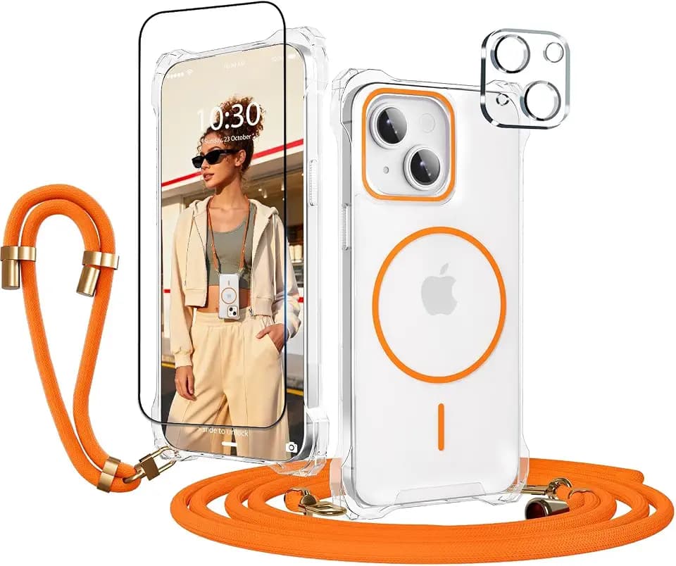 Orange Handykette für iPhone 14 Hülle mit Band Panzerglas Kameraschutz