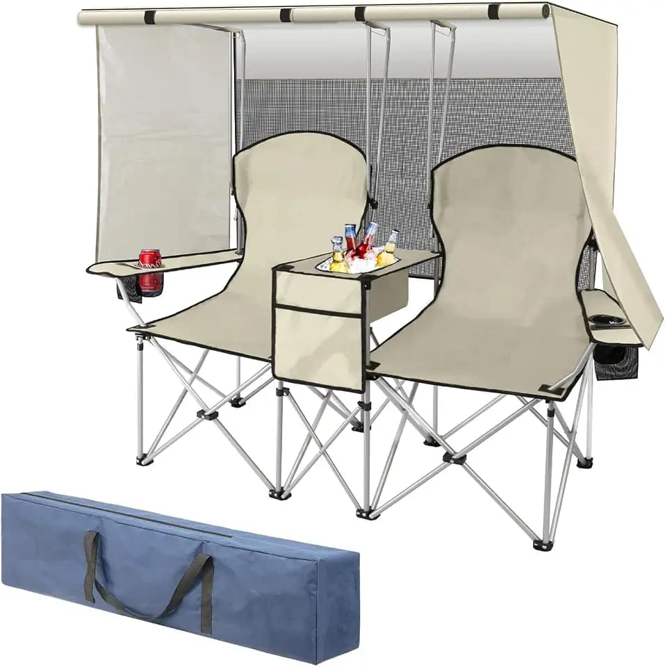 Double Beach Chair with Canopy Shade,Heavy Duty Camping Chair for Aduls,Folding Beach Chair with Cup Holder Cooler Bag for Sports Beach Outside(White)