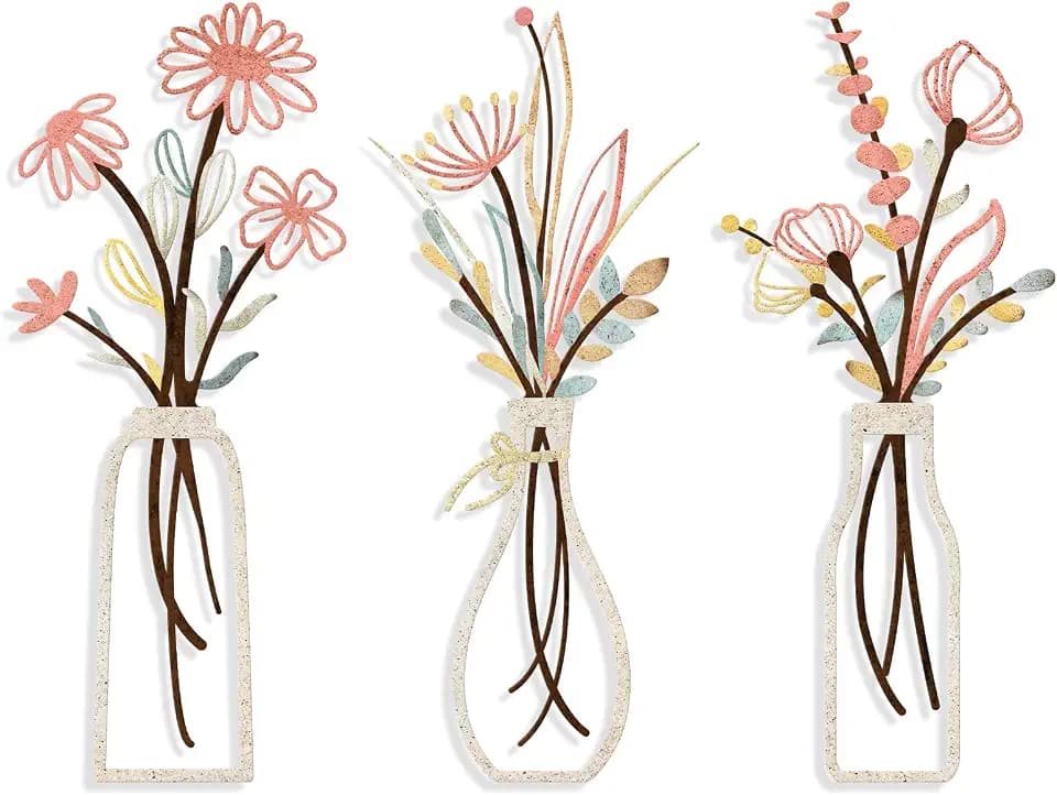 Pigort 3 Pieces Metal Flowers Wall Arts - Rustic Farmhouse Style Décor Metal Wall Art Black Minimalist Flower Natural Themed Wall Decors for Home Bedroom Dining Room Housewarming (Pink Beige)