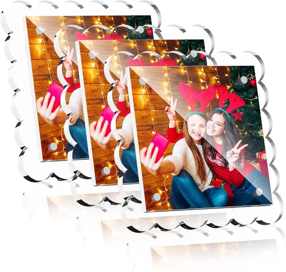 HELPLEX 4x4 Clear Acrylic Picture Frames with Scalloped Edges, 3-Pack Square Magnetic Frame with Stand for Horizontal or Vertical Display, Tabletop or Desk Photo Holder