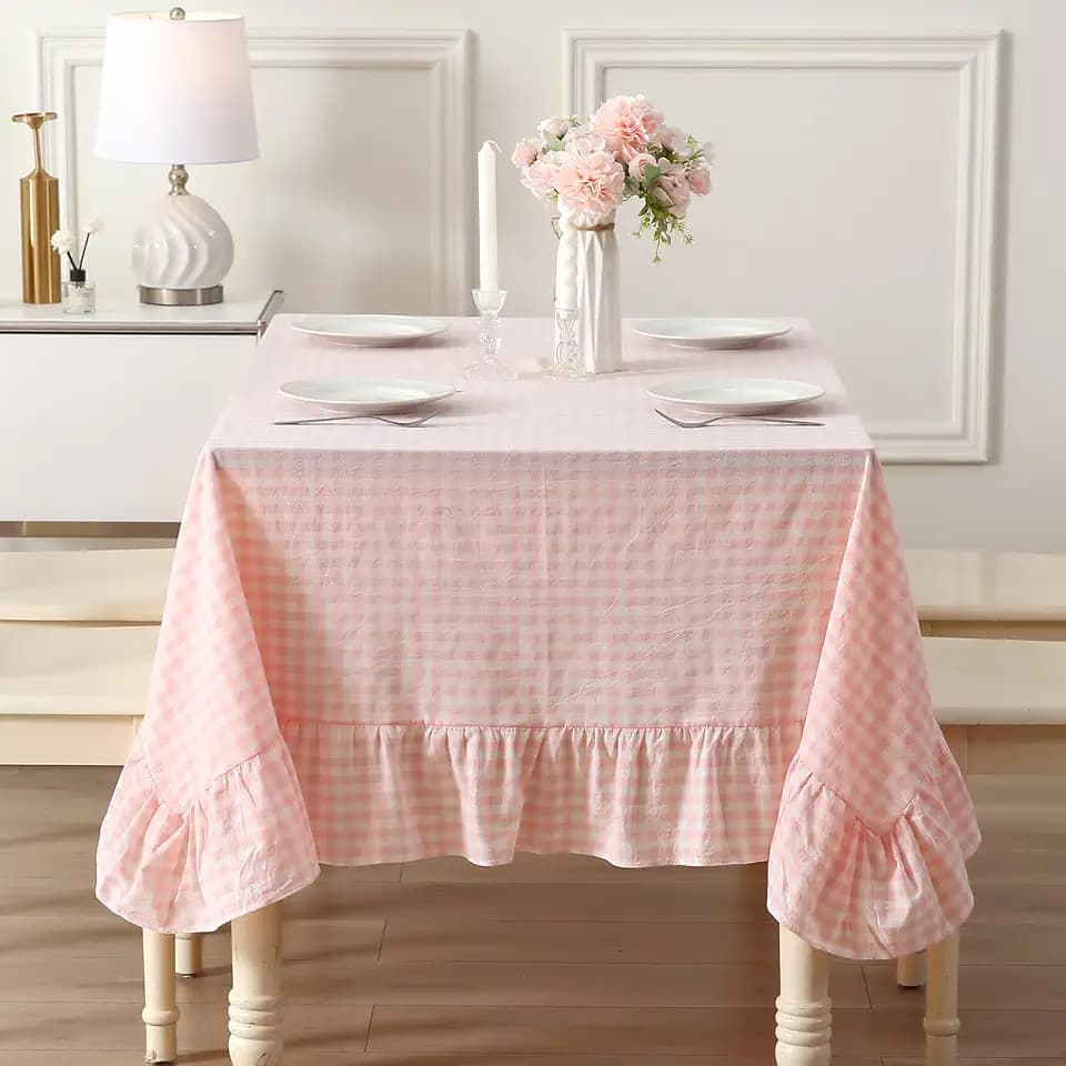 Blush White Gingham Ruffled Table Cloth Rectangular 70"x52"
