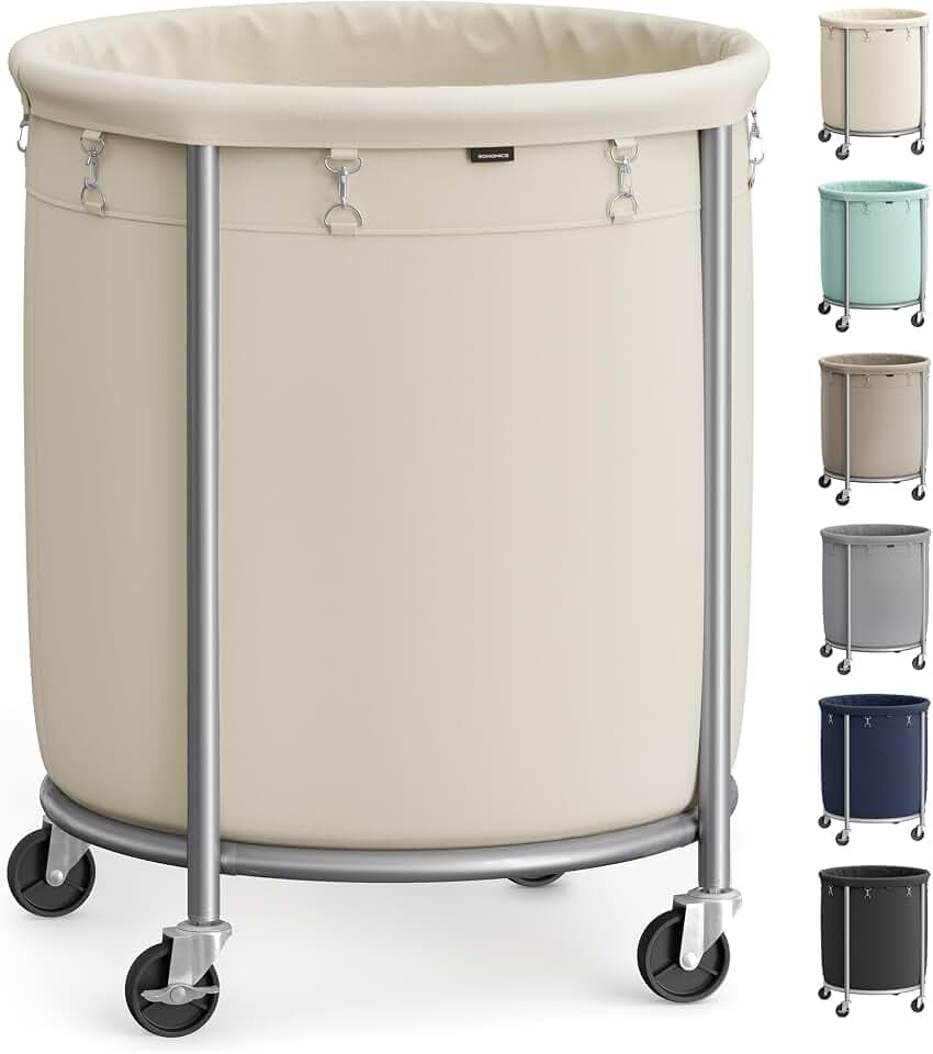 SONGMICS Laundry Basket with Wheels,190L, Steel Frame, Removable Bag