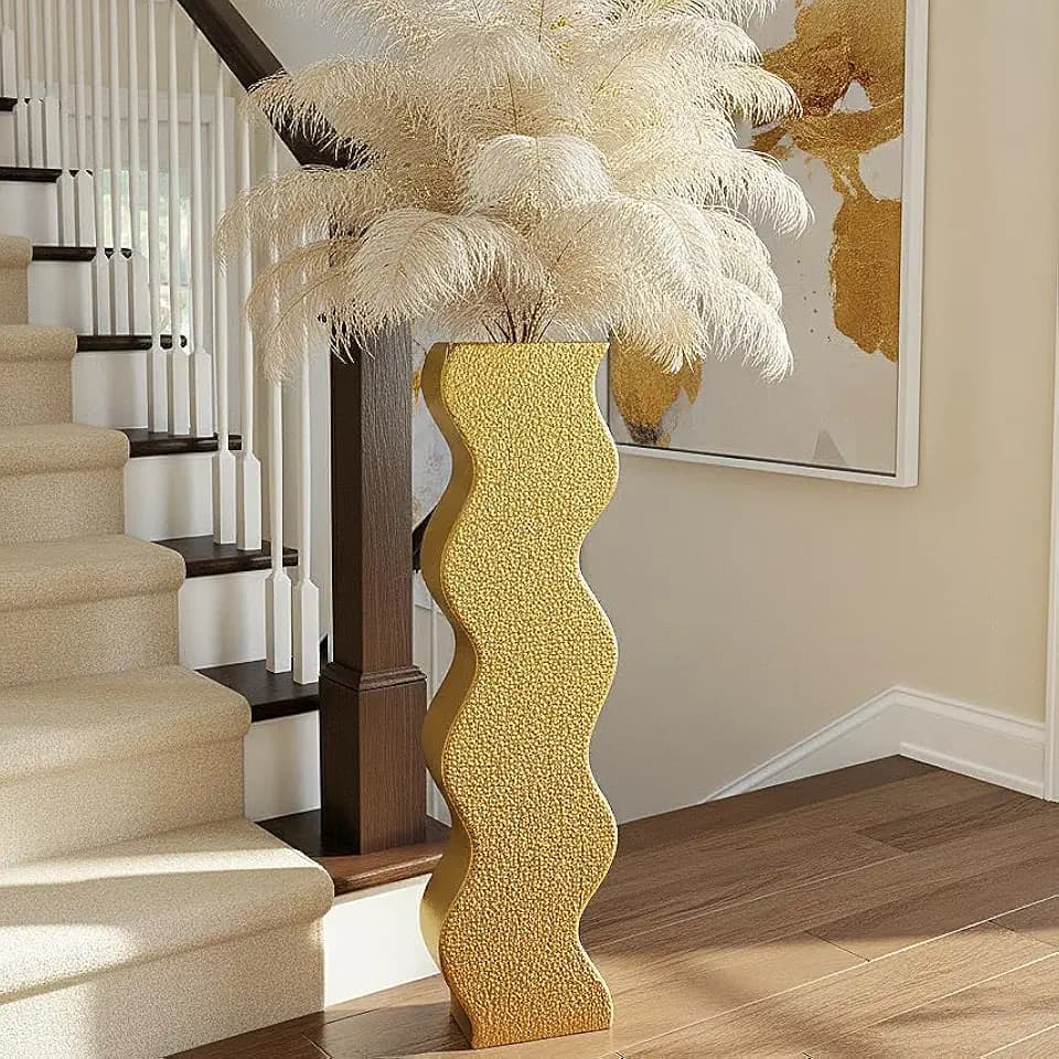 Golden Wave Floor Vase for Decor, 23.6" Tall Elegant Flower Vase for Pampas Grass, Feathers, Dried Stems, Modern Home Decor Vase for Living Room, Bedroom, Entryway - Resin Centerpiece