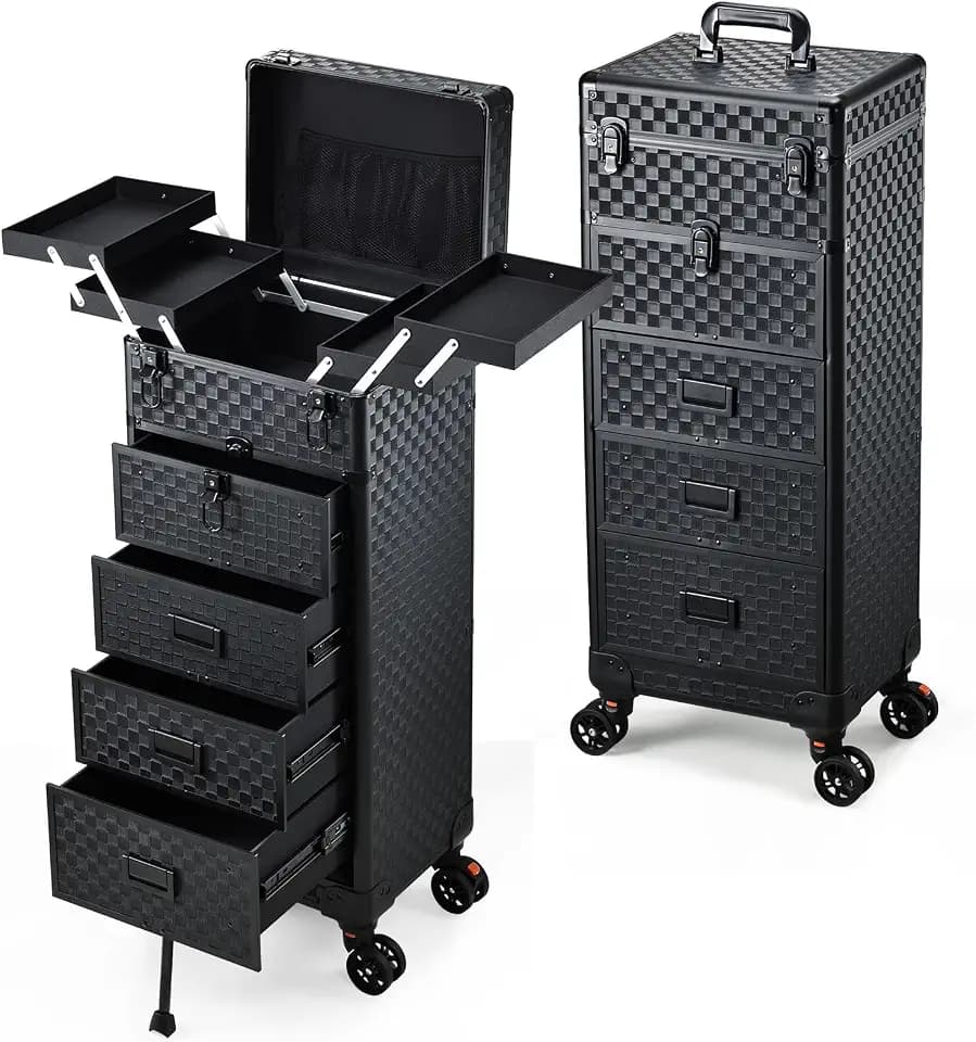 Stagiant Rolling Makeup Case with Drawers Cosmetology Case on Wheels 5 IN 1 Makeup Case 4 Drawers with Foot Stand Spring-release Mechanism Rolling Make Up Organizer for Artist Salon Nail Teach Trunk