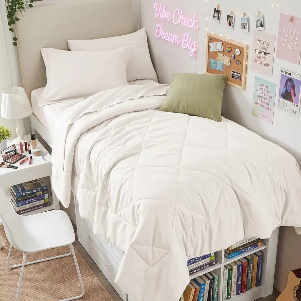 HEVUMYI 5-Piece Twin Comforter Set, Ivory Bed in a Bag