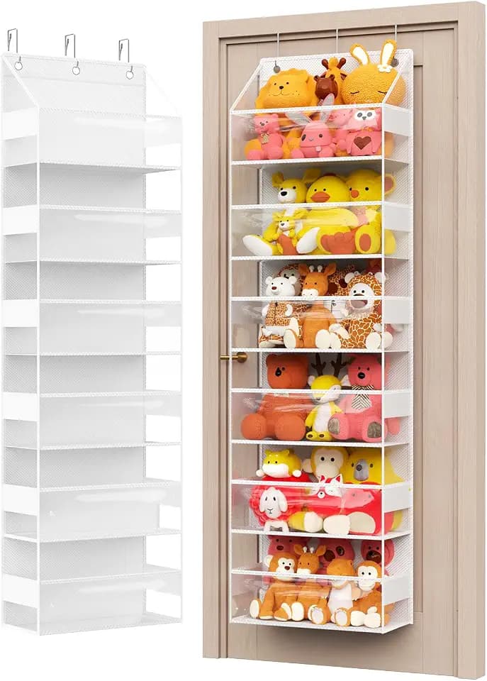 Over Door Hanging Organizer with 6 Shelves, Stuffed Animal Storage - Behind Door Storage for Plush/Bedroom, Nursery, Dorm Room, 1 Pack (Clear white)