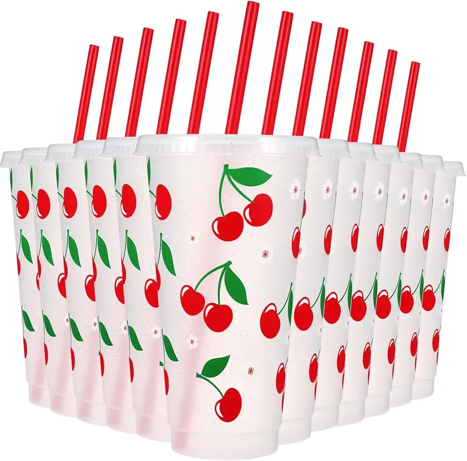 Potchen 12 Pcs Cherry Plastic Cups, 24 oz Cherry Reusable Tumblers