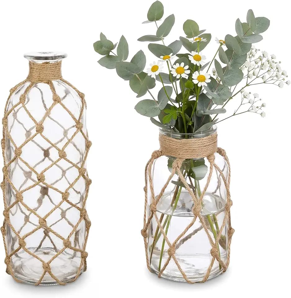 MyGift Small Glass Flower Vases Set of 2 Coastal Rope Wrapped Décor