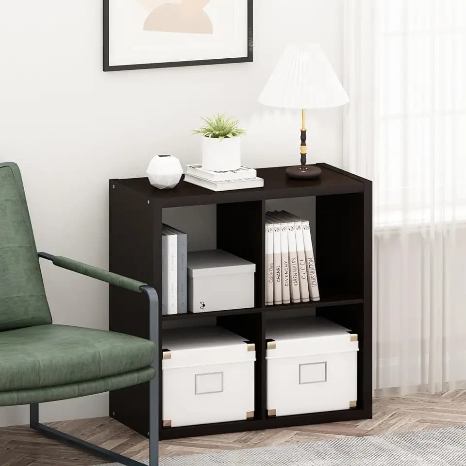 Furinno Cubicle Book Shelf, 4-Cube Bookshelf, Extra Thick Frame Reversible Bookcase with Open Back, 14.6 x 30 x 30, for Living Room, Bedroom, Home Office, Black Oak