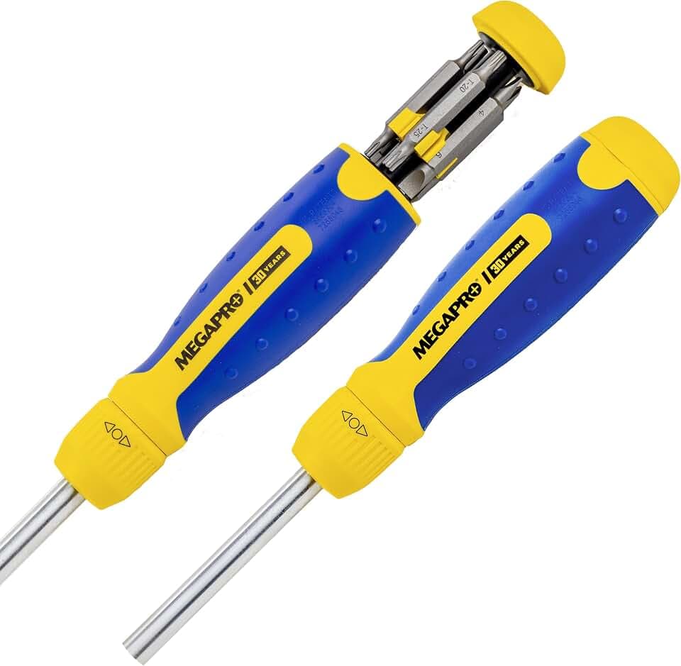 RATCHETING SCREWDRIVER - 13-in-1 Multi Bit Screw Driver w/ " Hex Shaft for Phillips, Star, Flat, Square Bit - Retractable Cartridge - Multi Screwdriver (Yellow)