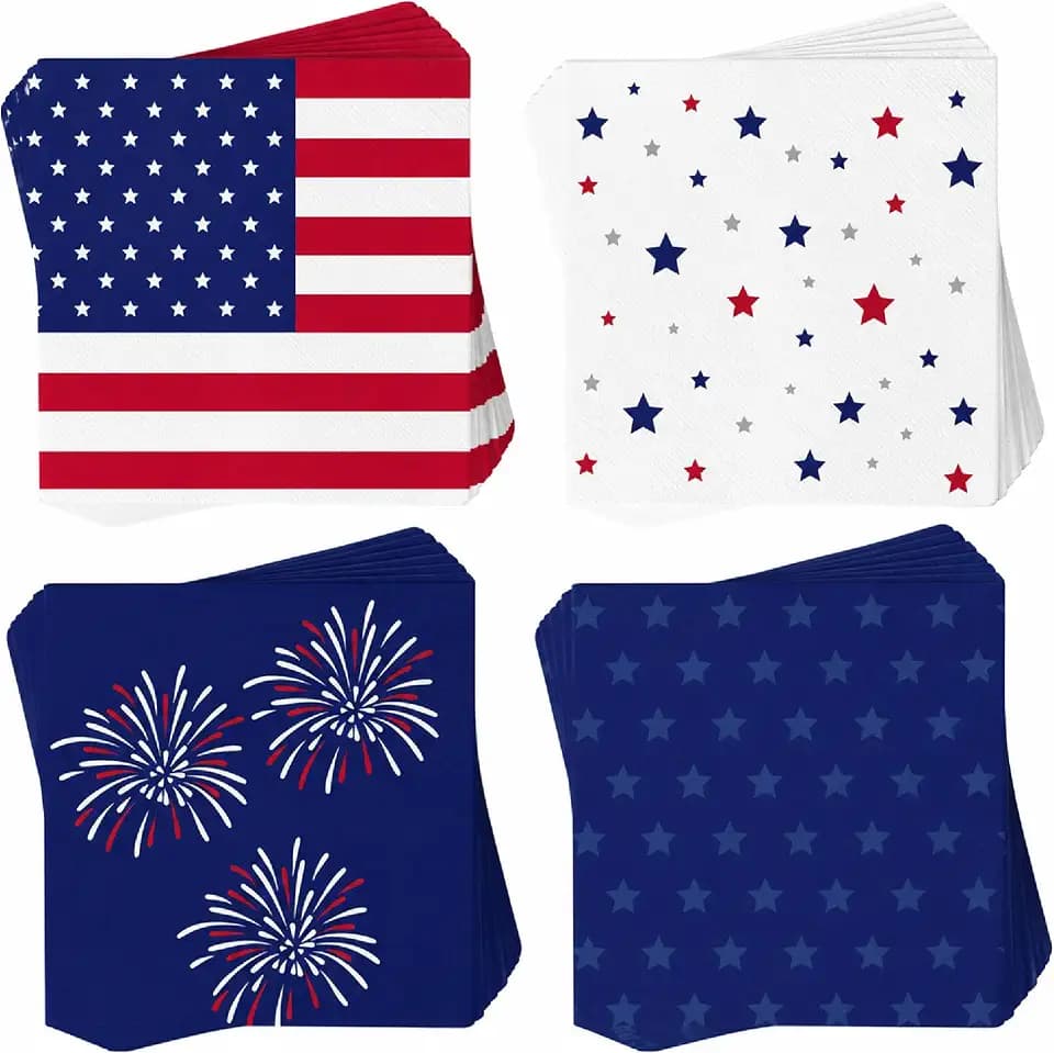 Patriotic Cocktail Napkins, 52 Pack 4th of July Napkins, 5 x 5 Inch Red White and Blue Napkin, American Flag Napkin, Disposable Patriotic Party Supplies for Independence Day, Memorial Day and BBQs