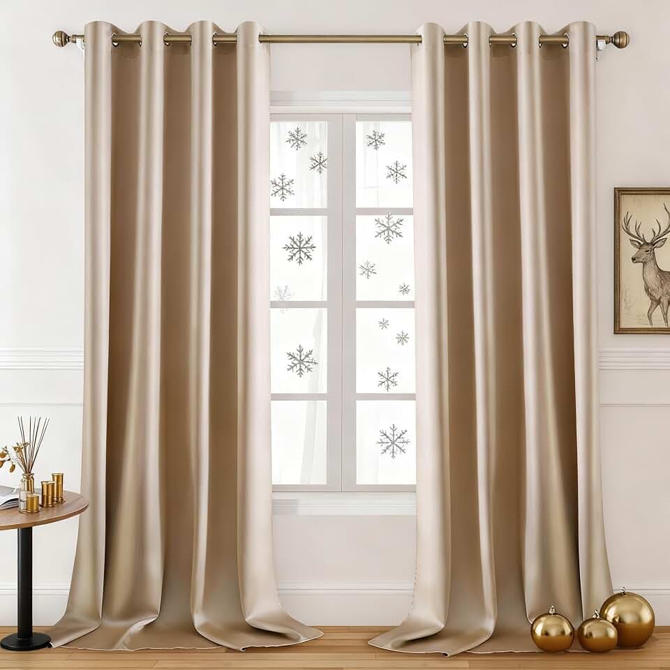 HOMEIDEAS Faux Silk Beige Champagne Gold Blackout Curtains 96''L 2 Panels