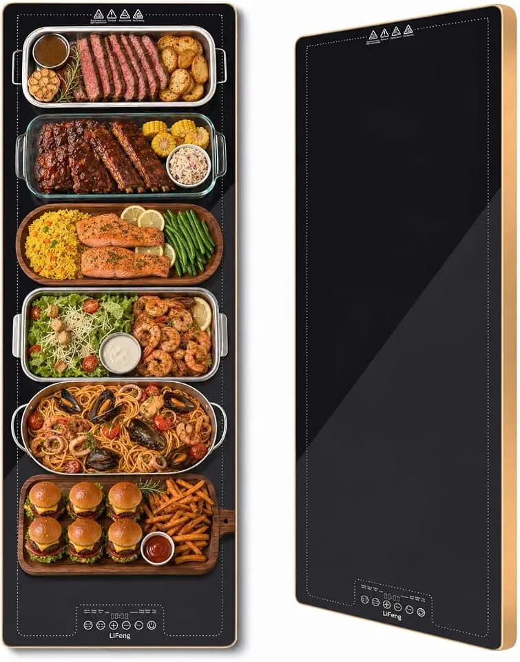Electric Warming Tray (Extra Long 40"x12"), Warming Mat for Food with Adjustable Thermostat & Full Surface Heating, Tempered Glass Food Warmer with Gold Edges, Perfect for Parties,Buffets & Daily Use