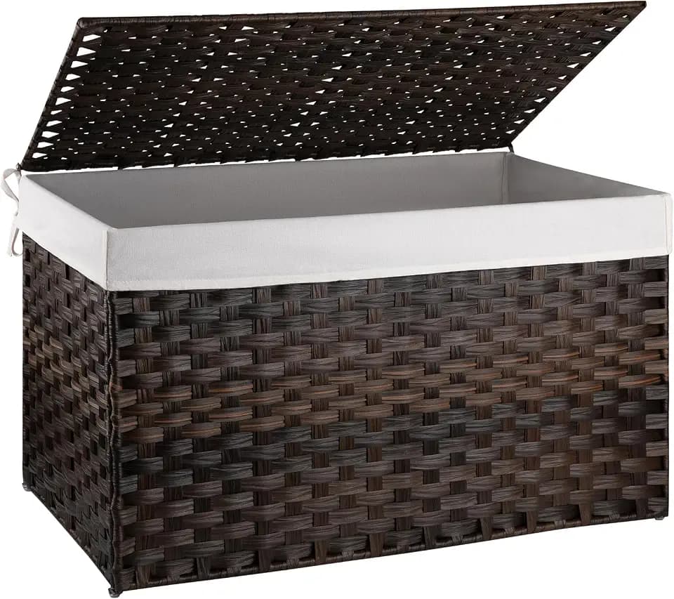 OIAHOMY Large Storage Basket with Lid, 42.3 Gallon (160L) Blanket Basket with Removable Liner Bag, Wicker Hamper with Handle, Foldable, Hamper for Bedroom, Brown
