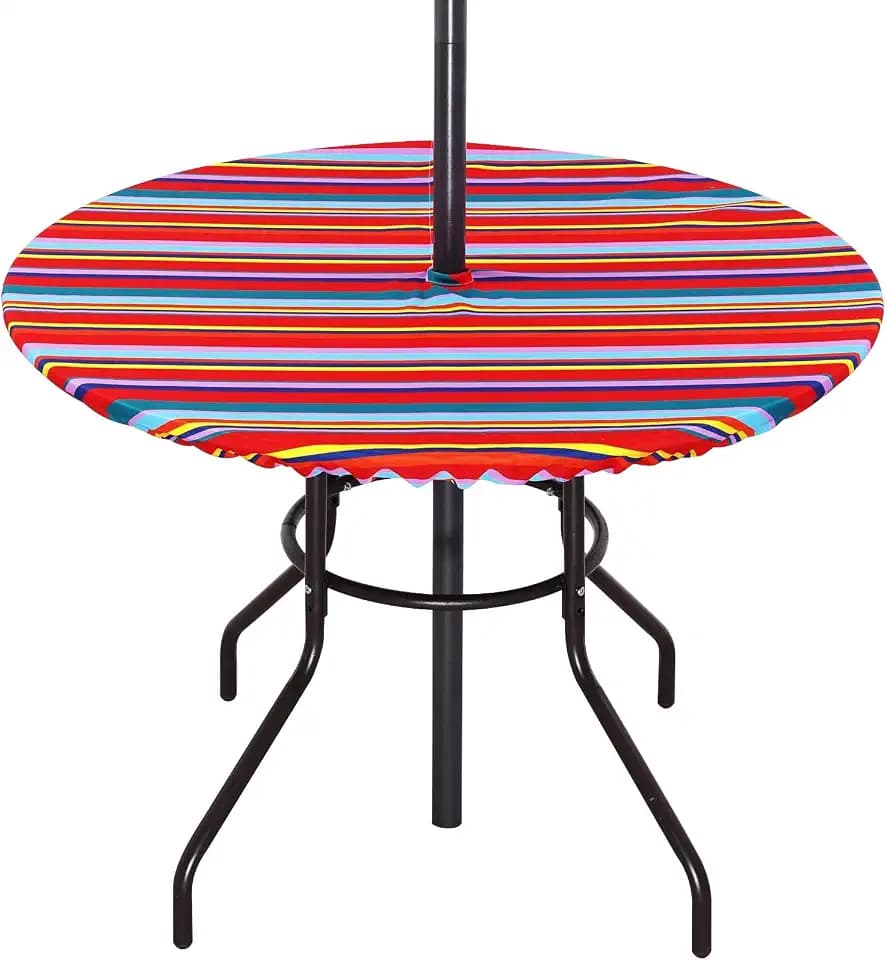 Poise3EHome Fitted Round Outdoor Tablecloth, Polyester SpillProof Stripe Table Cloth with Umbrella Hole Zipper Elastic for Patio Garden Poolside Picnic Fits to 32"-38" Patio Table